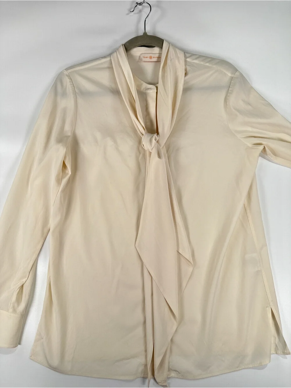 Tory Burch Tie Neck Blouse Hidden Placket Stretch Silk Cream 6